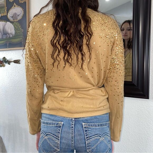 Newport News Womens V-Neck Long Sleeve Sequins Wrap Top Blouse Brown Size XL - Picture 6 of 15